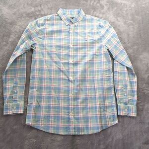Vineyard Vines Button Down Shirt Boys Size XL / 20 Whale Plaid Blue Green Cotton
